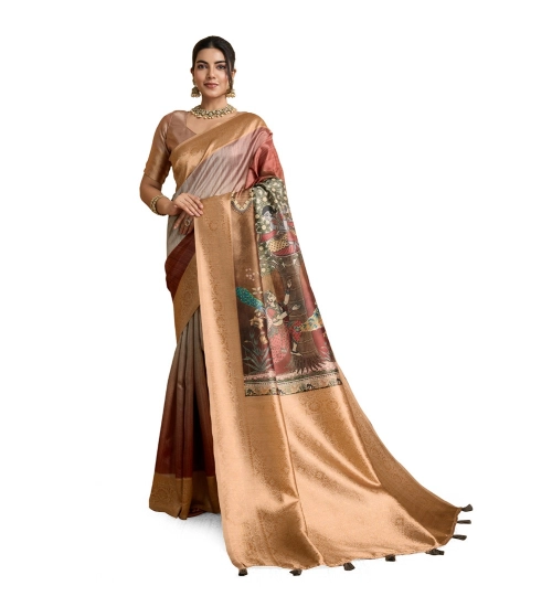 Generic Women's Silk Printed Saree With Unstitched Blouse 5.5Mtr (Brown)