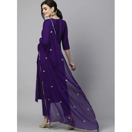 Generic Women's Tesla Silk Embroidered U-Neck Kurti With Pant Dupatta Set (Dark Purple)