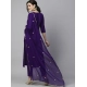 Generic Women's Tesla Silk Embroidered U-Neck Kurti With Pant Dupatta Set (Dark Purple)