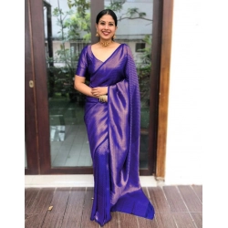 Generic Women's Litchi silk Printed Saree With Unstitched Blouse (Purple)