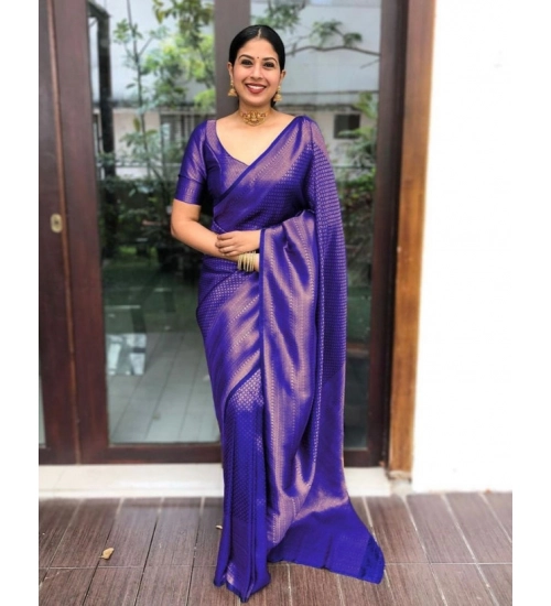 Generic Women's Litchi silk Printed Saree With Unstitched Blouse (Purple)