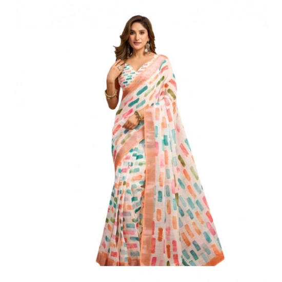 Generic Women's Linen Cotton Printed Ready To Wear With Pocket Saree With Unstitched Blouse 5.5 Mtr (Multicolor)