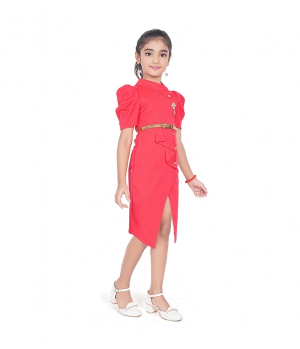 Generic Girl's Cotton Lycra Soild Short Sleeve Close Neck Dress (Pink)
