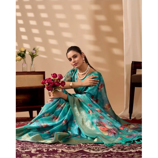 Generic Women's Faux_Silk Printed Saree With Unstitched Blouse 5.5Mtr (Aqua_Blue)