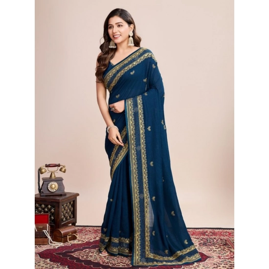 Generic Women's Vichitra Silk Embroidery Work Saree With Unstitched Blouse 5.5Mtr (Teal)