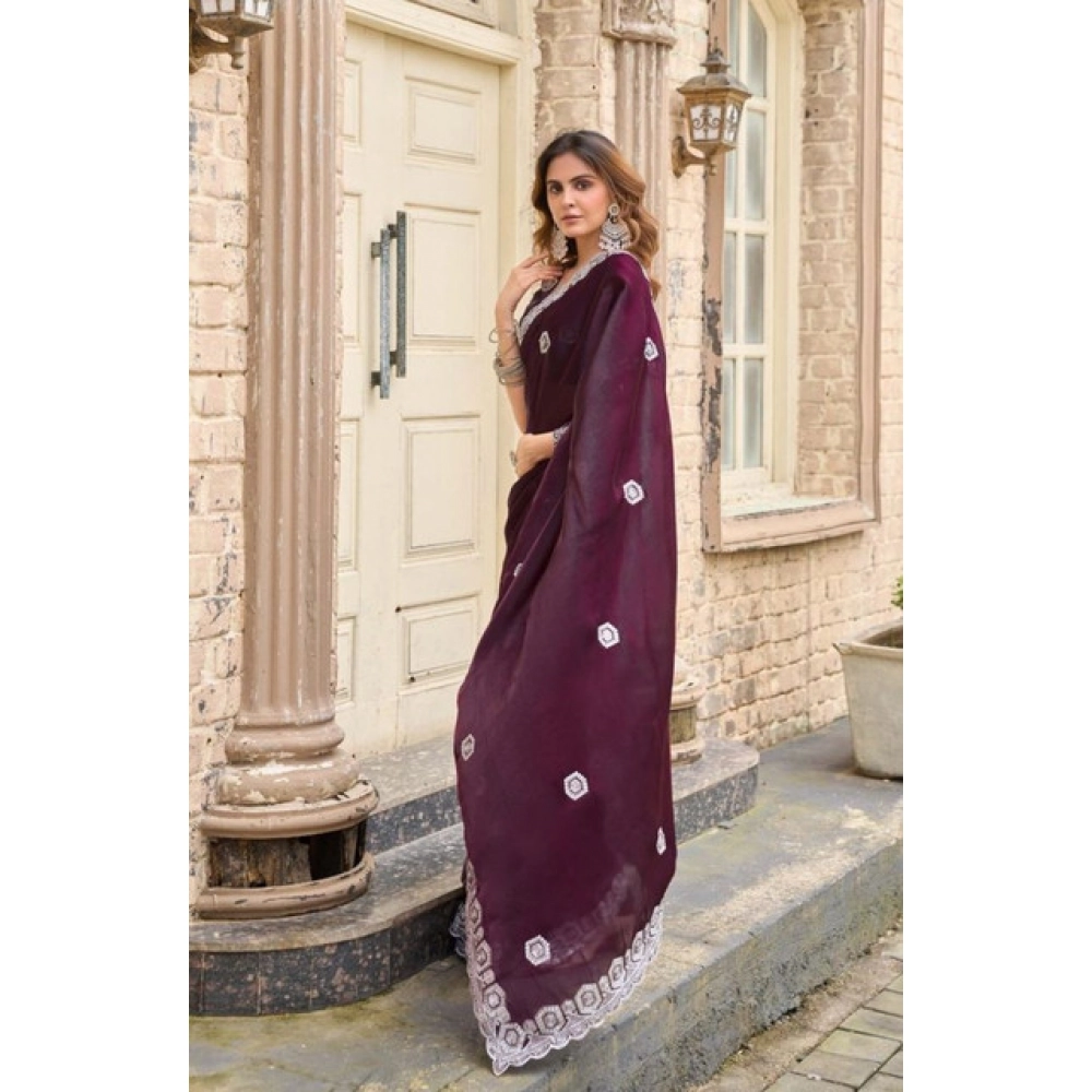 Generic Women's Faux Shimmer Geometric Ready to wear Saree With Unstitched Blouse 5.5Mtr (Wine) Generic Women's Faux Shimmer Geometric Ready to wear Saree With Unstitched Blouse 5.5Mtr (Wine)