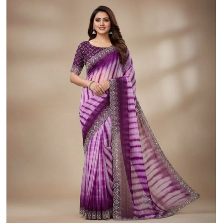 Generic Women's Georgette Striped Saree With Unstitched Blouse 5.5Mtr (Wine)
