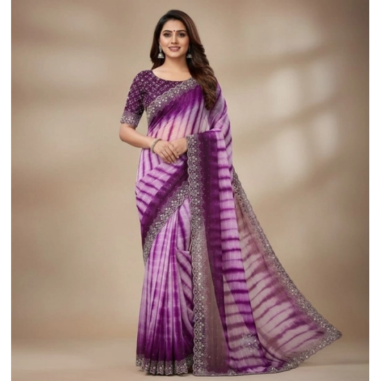 Generic Women's Georgette Striped Saree With Unstitched Blouse 5.5Mtr (Wine)