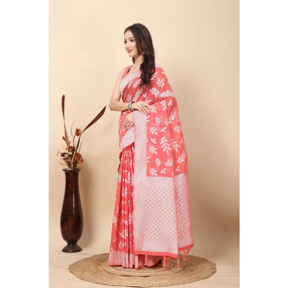 Women's Art Silk Jacquard Printed Saree With Unstitched Blouse 5.5Mtr (Peach)