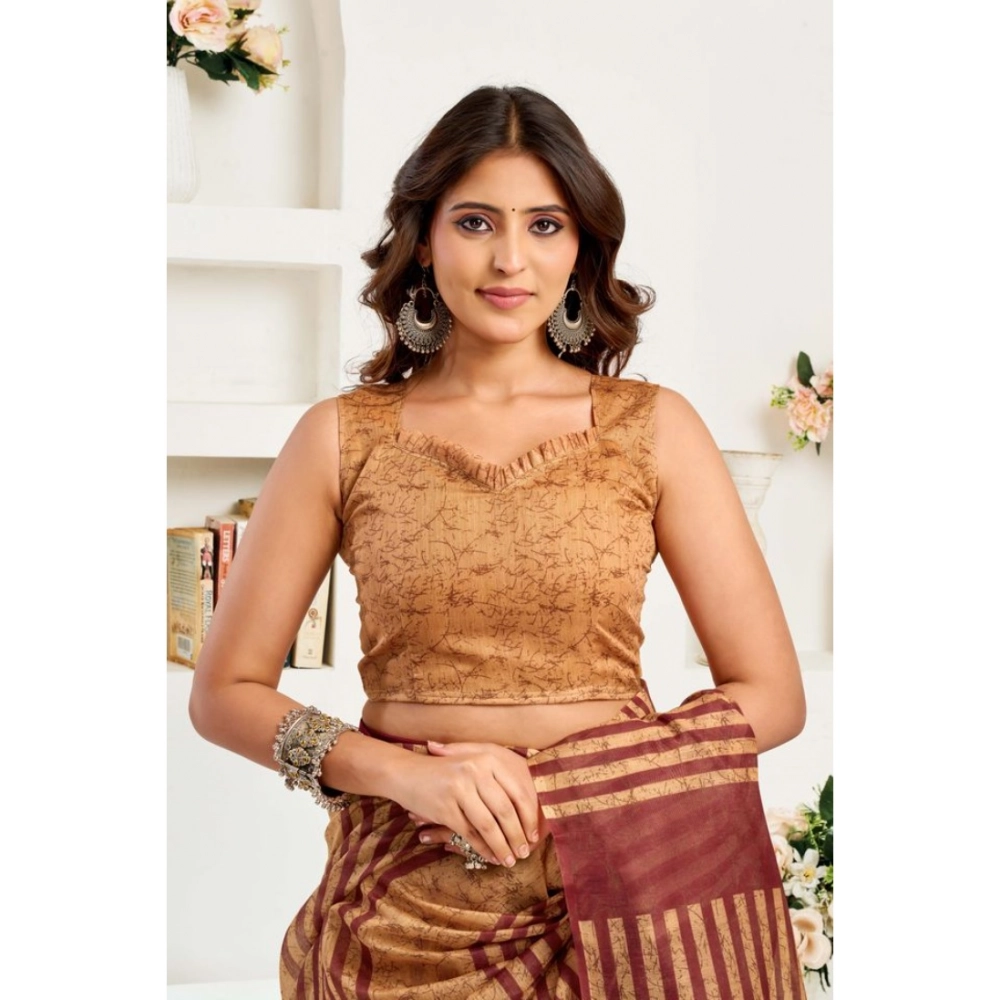 Generic Women's Linen Cotton Printed Ready To Wear Saree With Unstitched Blouse 5.5 Mtr (Brown)