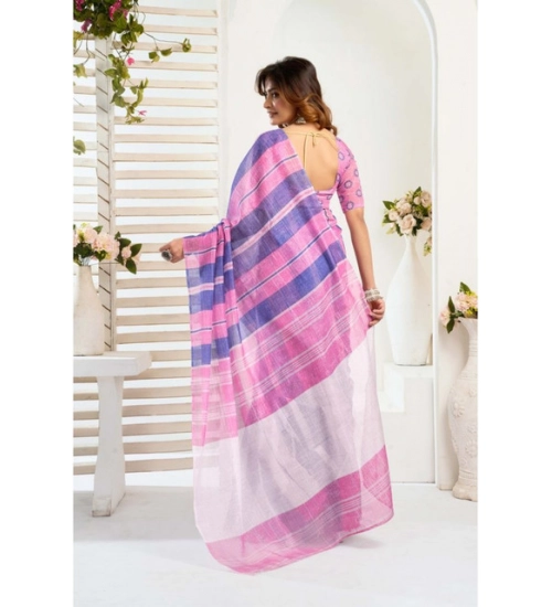 Generic Women's Linen Cotton Printed Ready To Wear Saree With Unstitched Blouse 5.5 Mtr (Pink)