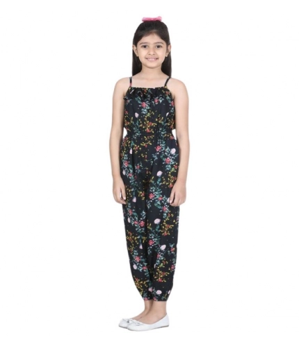 Generic Girl's Rayon Flamingo Print Sleeveless Jumpsuit (Black-Multicolor)