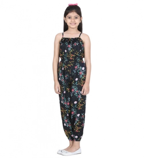 Generic Girl's Rayon Flamingo Print Sleeveless Jumpsuit (Black-Multicolor)