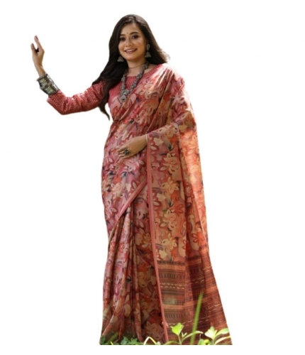 Generic Women's Faux_Tussar_Silk Abstract_Print Saree With Unstitched Blouse 5.5Mtr (Peach)