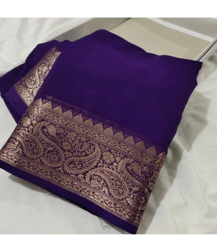 Generic Women's Crepe Chit Pallu Solid Saree With Unstitched Blouse 5.5Mtr (Purple)