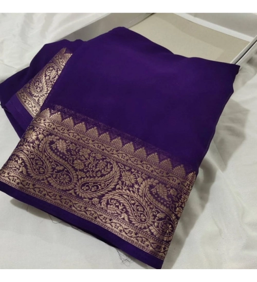 Generic Women's Crepe Chit Pallu Solid Saree With Unstitched Blouse 5.5Mtr (Purple)