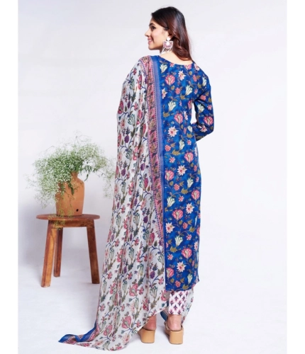 Generic Women's Cotton Blend Printed Kurti With Pant Dupatta Set (Blue)