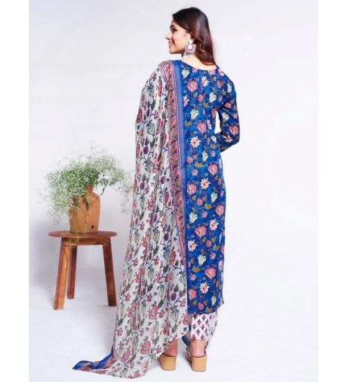 Generic Women's Cotton Blend Printed Kurti With Pant Dupatta Set (Blue)