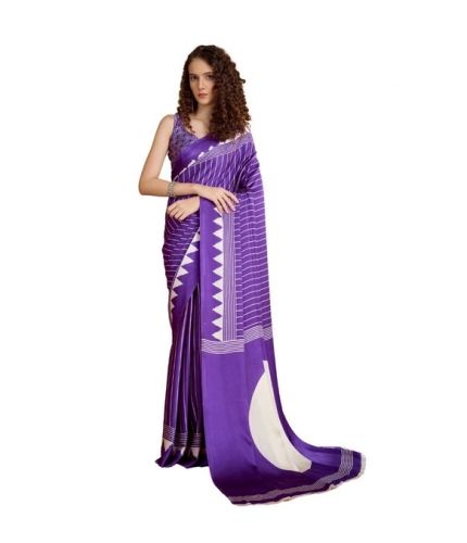 Generic Women's Satin Crepe Printed Saree With Unstitched Blouse 5.5Mtr (Lavender)