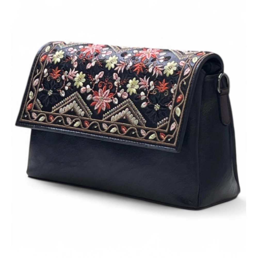 Generic Women's Polyurethane Floral Embroidered Crossbody Sling Bag with Adjustable & Removable Strap (Black)