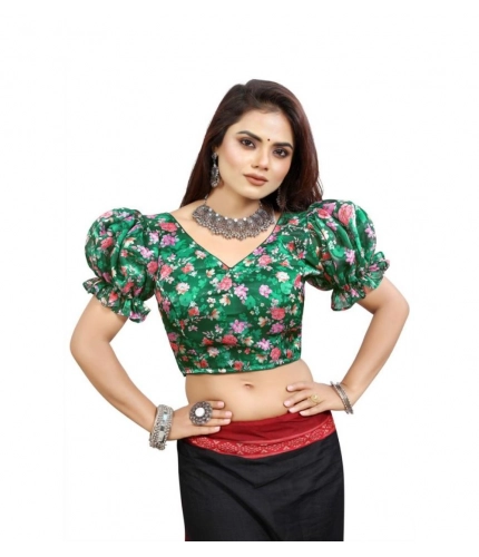 Generic Women's Organza Printed V Neck Puff Sleeve Readymade Blouse (Green 38 , Alterable up to 42)-PID65863