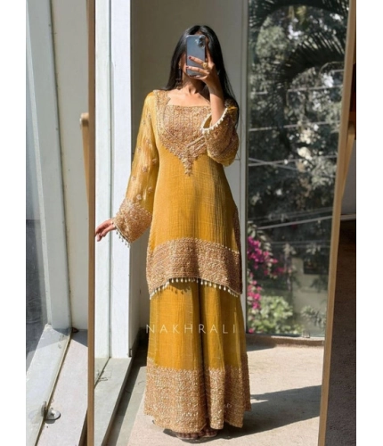 Generic Women's Silk Embroidered 3/4th Sleeve Round Kurti With Sharara Pant and Dupatta Set (Yellow)
