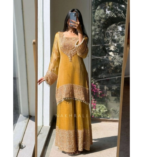 Generic Women's Silk Embroidered 3/4th Sleeve Round Kurti With Sharara Pant and Dupatta Set (Yellow) Generic Women's Silk Embroidered 3/4th Sleeve Round Kurti With Sharara Pant and Dupatta Set (Yellow)