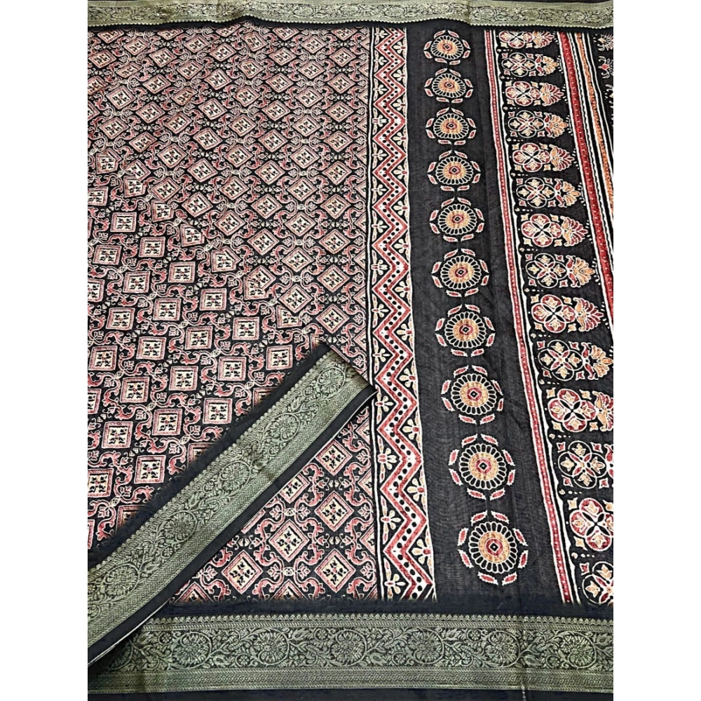 Generic Women's Cotton Blend Printed Saree With Unstitched Blouse 5.5Mtr (Black)