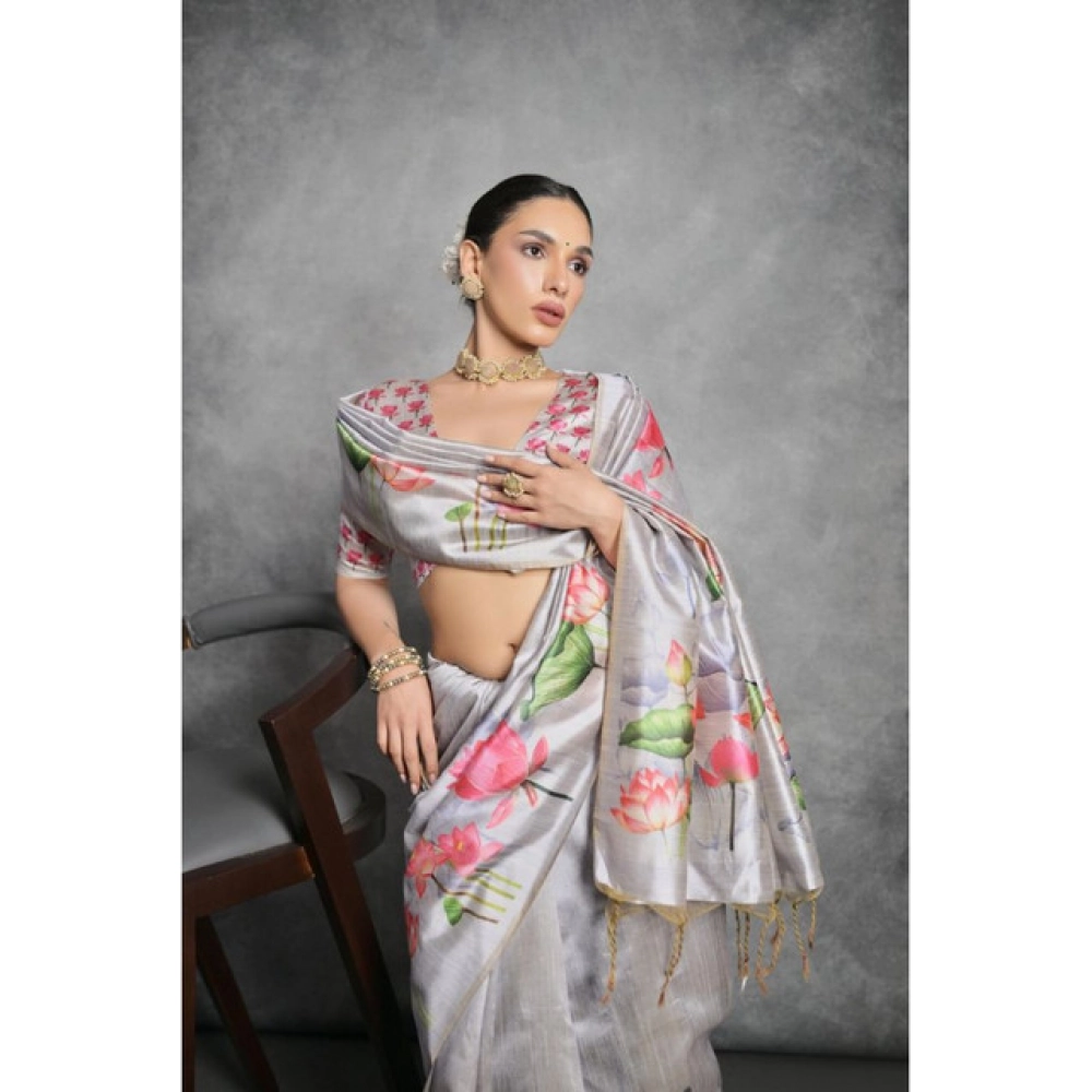 Generic Women's Cotton Printed Saree With Unstitched Blouse 5.5 Mtr (Grey)