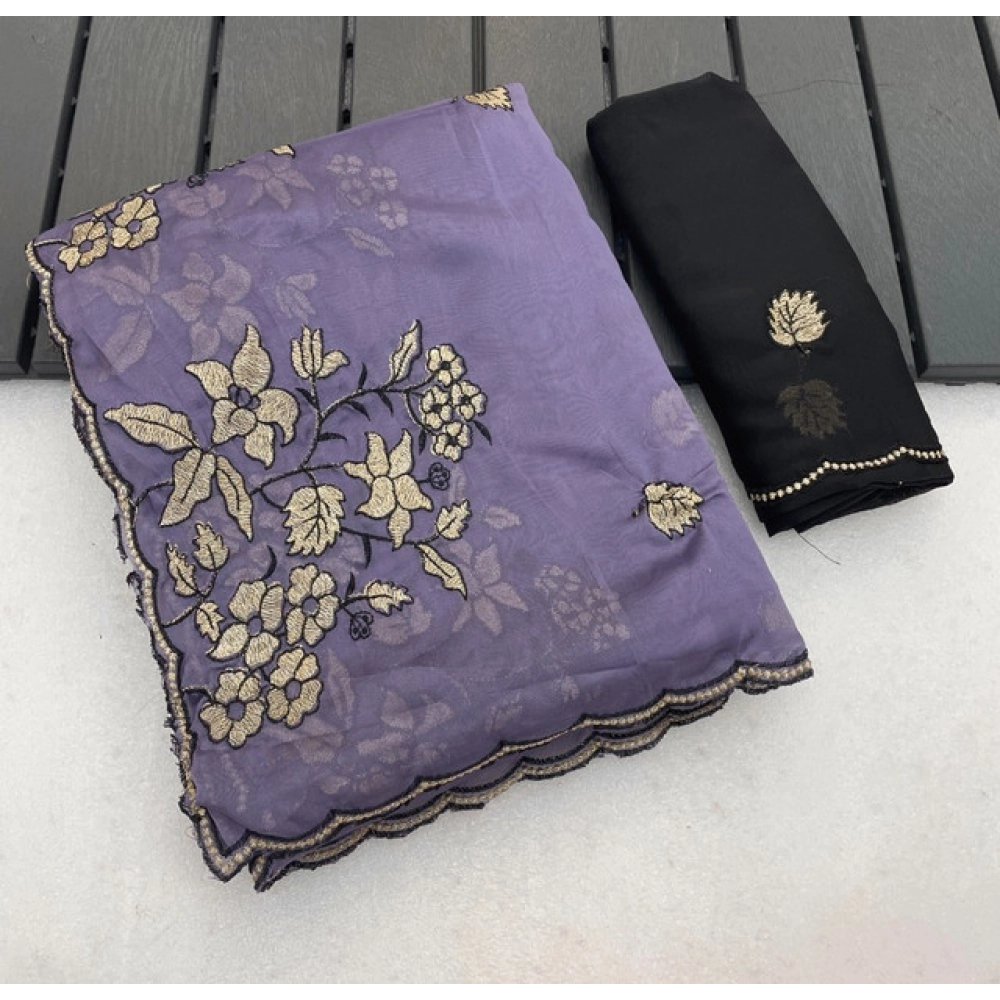 Generic Women's Viscose Silk Embroidered Saree With Unstitched Blouse 5.5Mtr (Purple)