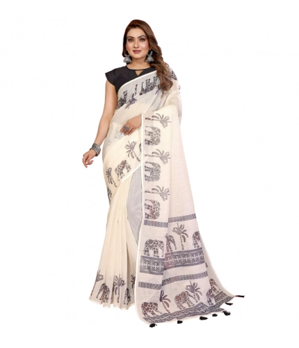 Generic Women's Linen Cotton Printed Saree With Unstitched Blouse 5.5Mtr (Off White)