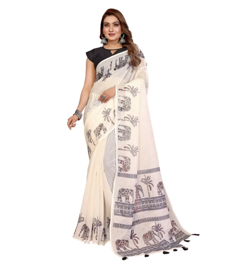 Generic Women's Linen Cotton Printed Saree With Unstitched Blouse 5.5Mtr (Off White) Generic Women's Linen Cotton Printed Saree With Unstitched Blouse 5.5Mtr (Off White)