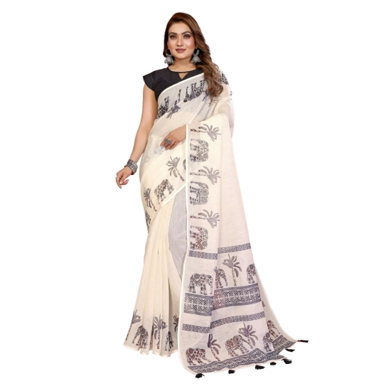 Generic Women's Linen Cotton Printed Saree With Unstitched Blouse 5.5Mtr (Off White) Generic Women's Linen Cotton Printed Saree With Unstitched Blouse 5.5Mtr (Off White)