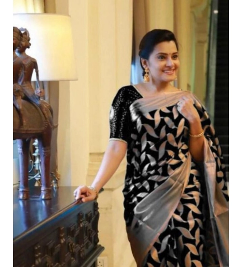 Generic Women's Litchi silk Printed Saree With Unstitched Blouse (Black)