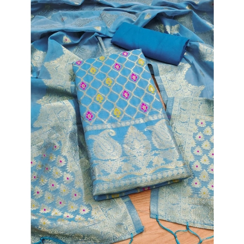Women's Banarasi Silk Printed Unstitched Salwar Suit Material With Dupatta (Sky Blue, 3Mtrs)