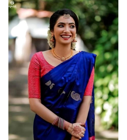 Generic Women's Soft Litchi Silk Jacquard Work Saree With Unstitched Blouse 5.5Mtr (Blue)