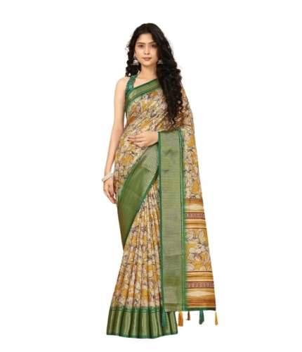 Generic Women's Cotton Silk Floral Printed Saree With Unstitched Blouse 5.5Mtr (Mustard)