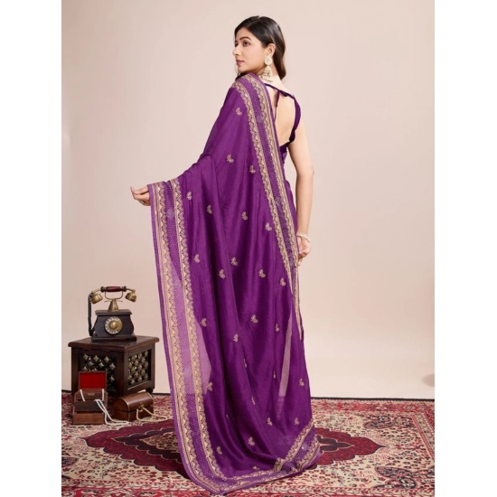 Generic Women's Vichitra Silk Embroidery Work Saree With Unstitched Blouse 5.5Mtr (Wine)