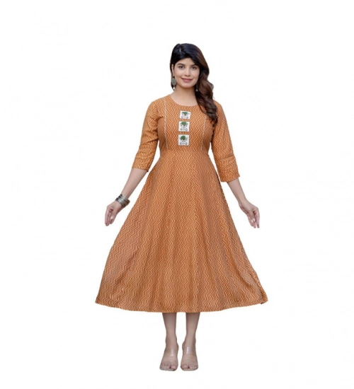 Generic Women's Rayon Print With Embroidery Work A-Line Kurti (Rust)