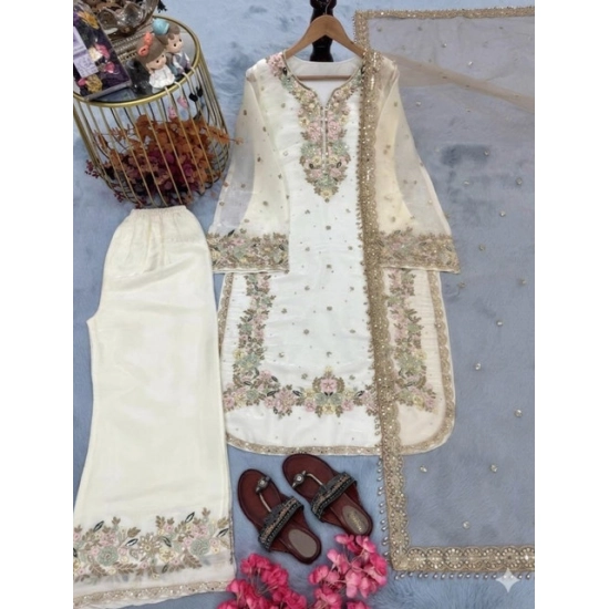 Generic Women's Silk Embroidered 3/4th Sleeve Round Kurti With Palazzo Pant and Dupatta Set (White) Generic Women's Silk Embroidered 3/4th Sleeve Round Kurti With Palazzo Pant and Dupatta Set (White)