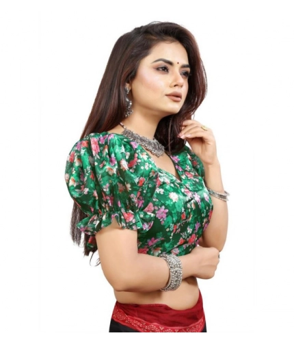 Generic Women's Organza Printed V Neck Puff Sleeve Readymade Blouse (Green 38 , Alterable up to 42)-PID65863