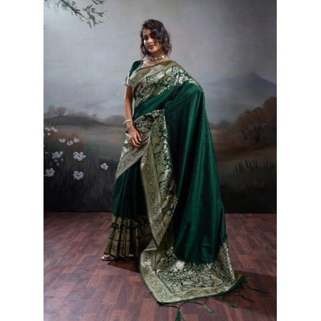 Generic Women's Silk Blend Printed Saree With Unstitched Blouse 5.5Mtr (Dark Green)