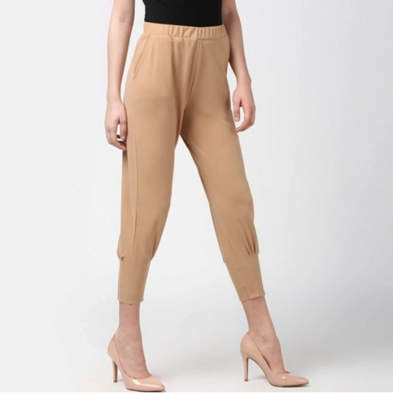 Generic Women's Polyester Solid Elasticated Trousers (Beige) Generic Women's Polyester Solid Elasticated Trousers (Beige)