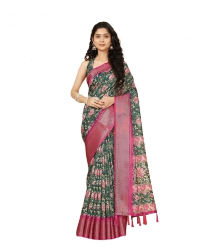 Generic Women's Cotton Silk Floral Printed Saree With Unstitched Blouse 5.5Mtr (Green)