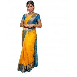 Generic Women's Soft Litchi Silk Jacquard Work Saree With Unstitched Blouse 5.5Mtr (Yellow)