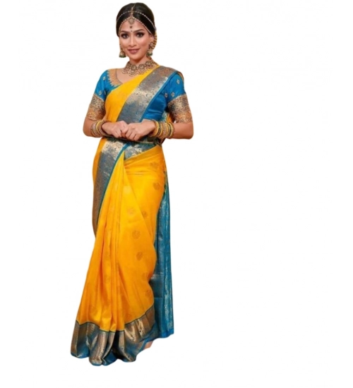 Generic Women's Soft Litchi Silk Jacquard Work Saree With Unstitched Blouse 5.5Mtr (Yellow)