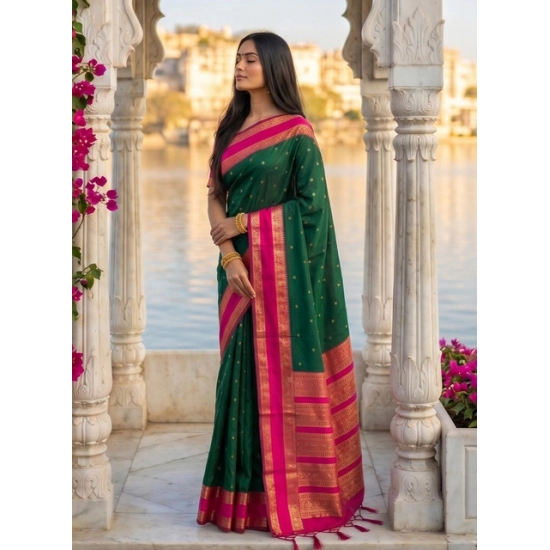Generic Women's Silk Blend Printed Saree With Unstitched Blouse 5.5Mtr (Dark Green-Pink) Generic Women's Silk Blend Printed Saree With Unstitched Blouse 5.5Mtr (Dark Green-Pink)