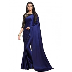 Generic Women's Satin Solid Saree With Unstitched Blouse 5.5Mtr (Navy Blue)