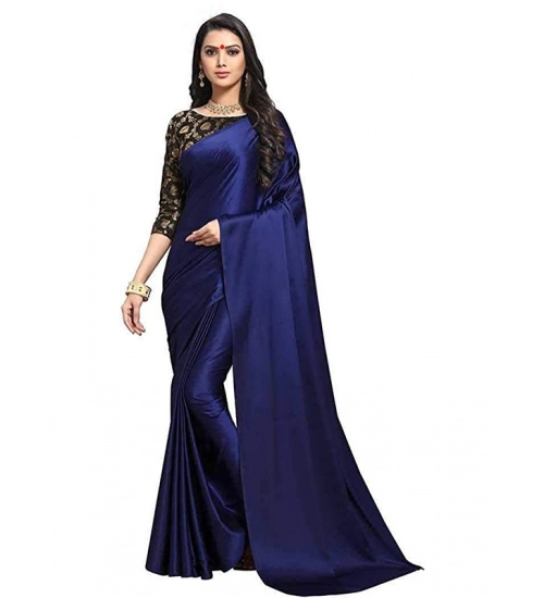 Generic Women's Satin Solid Saree With Unstitched Blouse 5.5Mtr (Navy Blue)