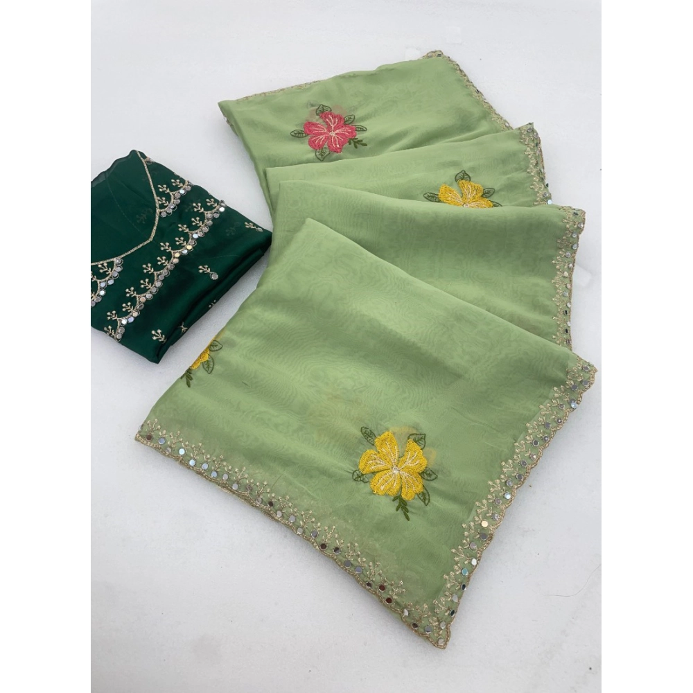Generic Women's Georgette Embellished Saree With Unstitched Blouse 5.5Mtr�(Light Green)